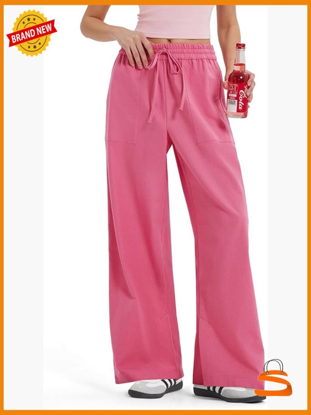 Linen Drawstring Straight Leg Palazzo Pants with Pockets